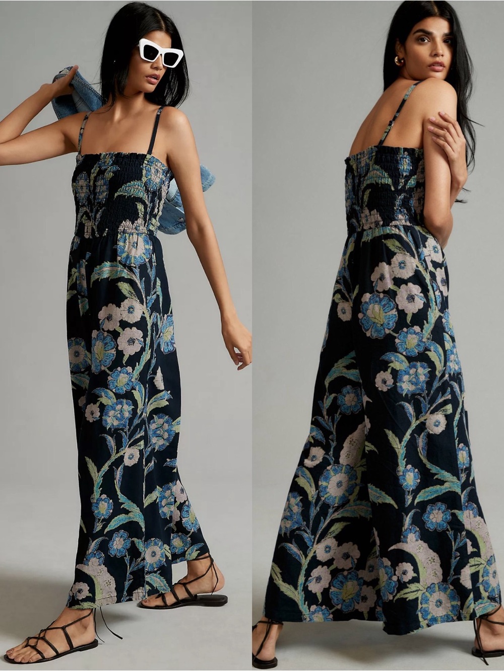 Pilcro Anthropologie Jumpsuit Medium Blue Navy Smocked Wide Leg Floral Boho